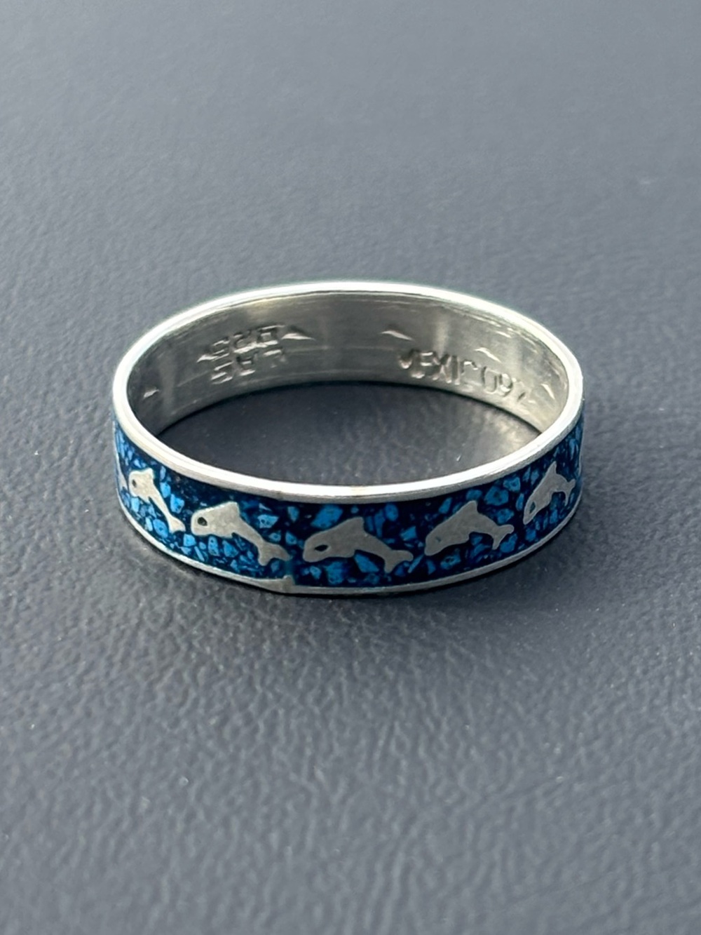 Mexico 925 Dolphin Blue Enamel Band Ring Sterling silver